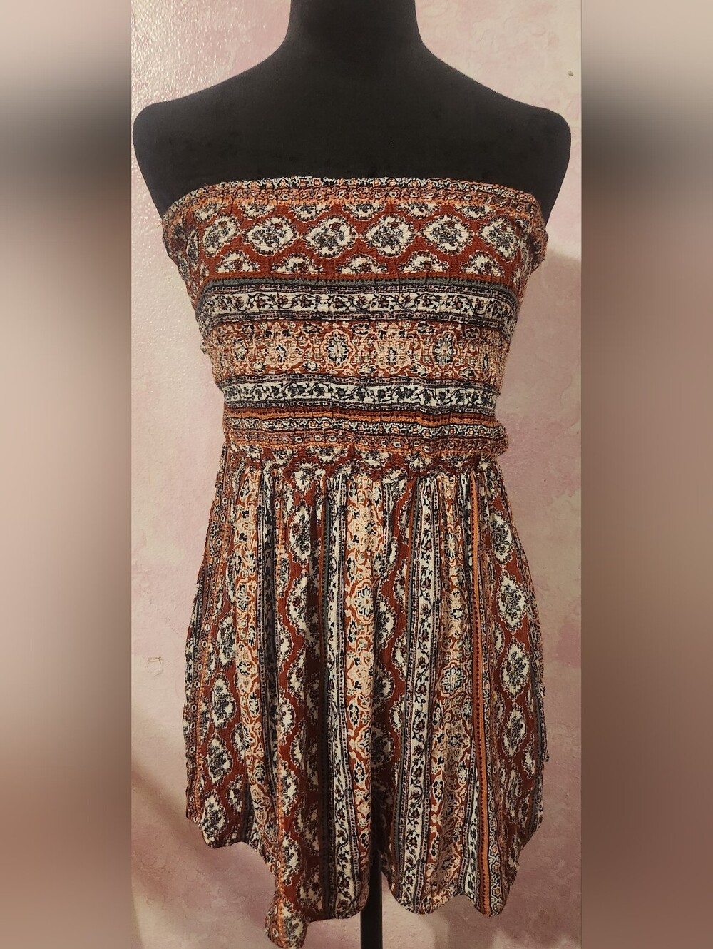 BE COOL Rust Patterned Strapless Boho Dress